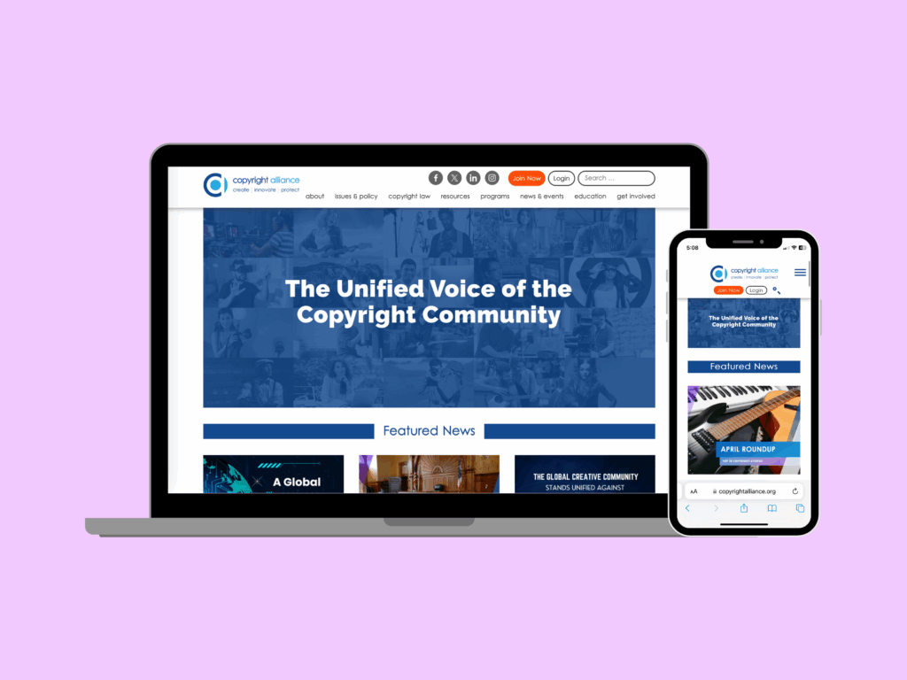 screenshot of the homepage of the copyright alliance on a laptop and phone screen.