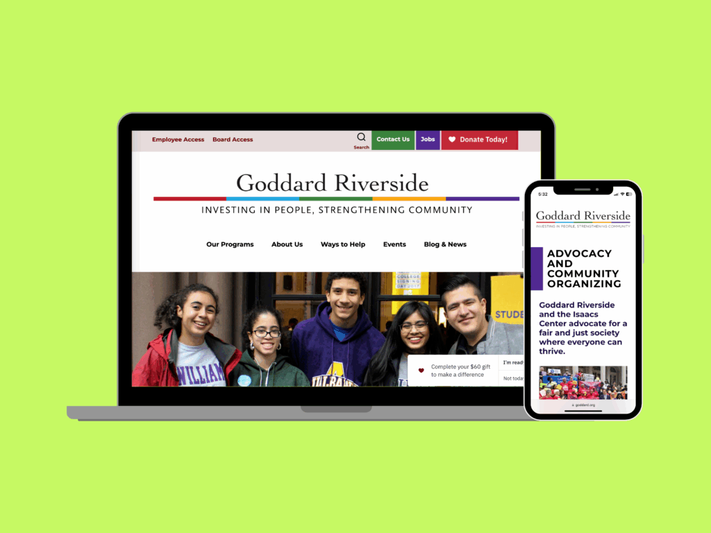 screenshot of the goddard riverside website on a laptop and cell phone.