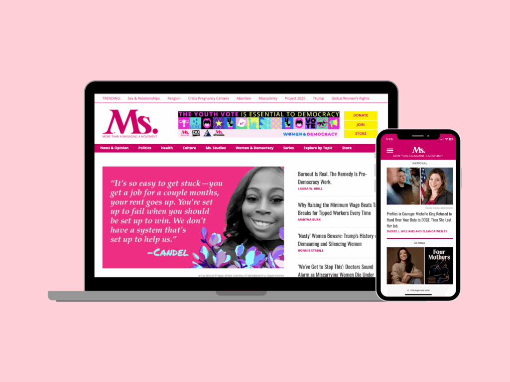 ms. magazine home page on a laptop screen and cell phone.
