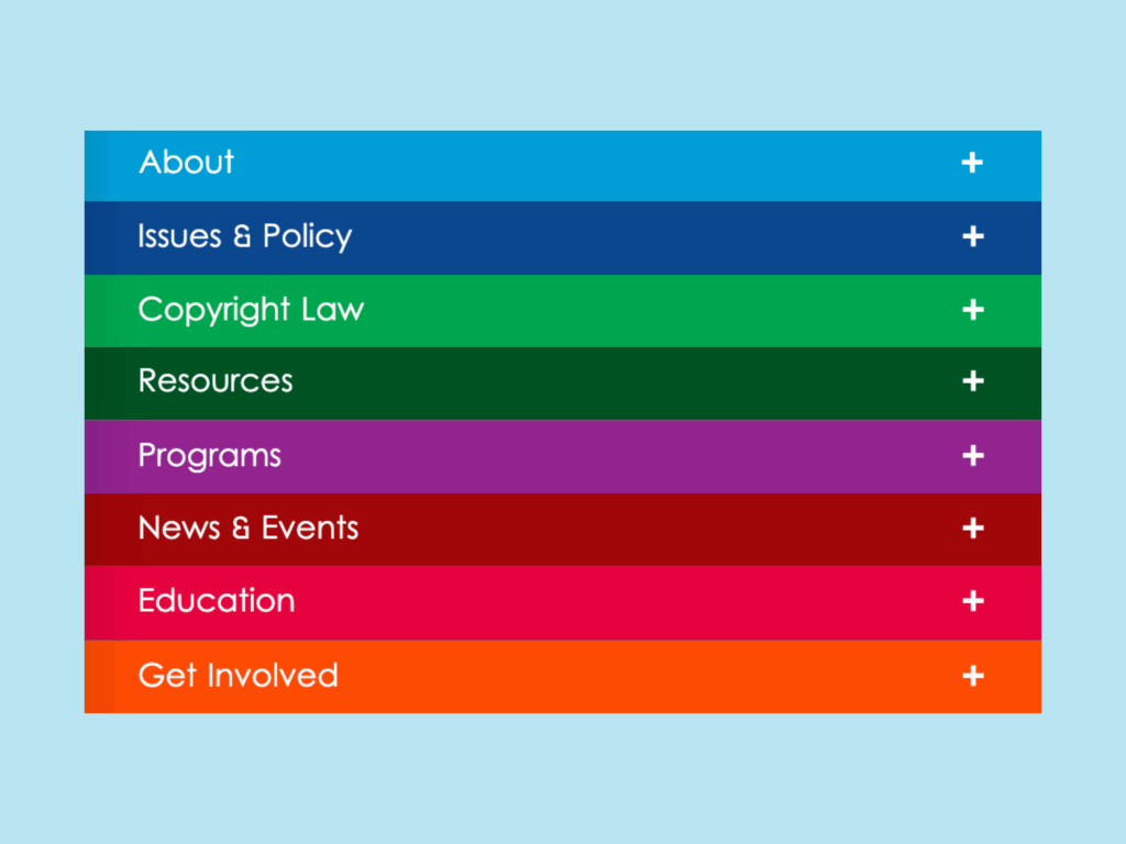 screenshot of the copyright alliance navigation blocks in a series of colors