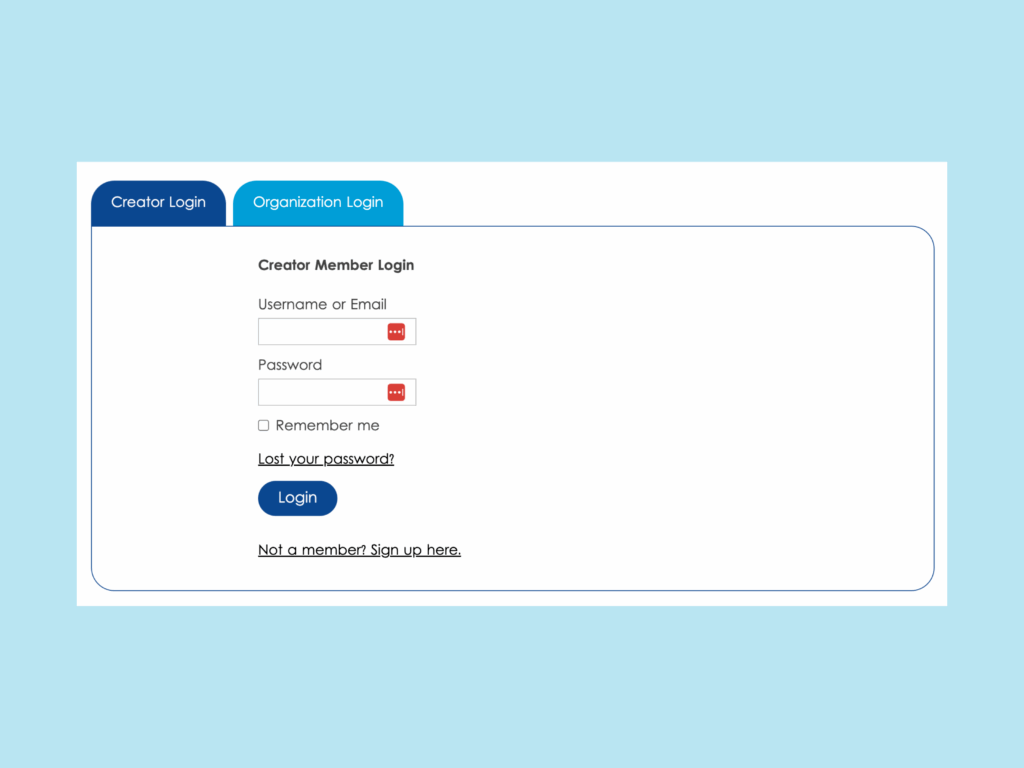 screenshot of the copyright alliance member log in page.