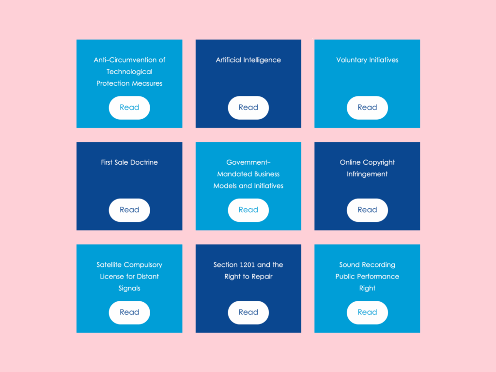 screenshot of the copyright alliance's online index of their active issue areas.