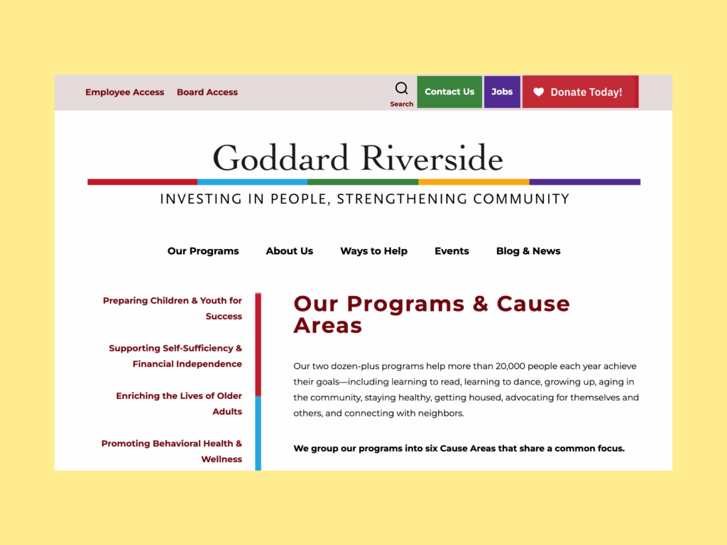 screenshot of the goddard riverside website page about their programs and cause areas.