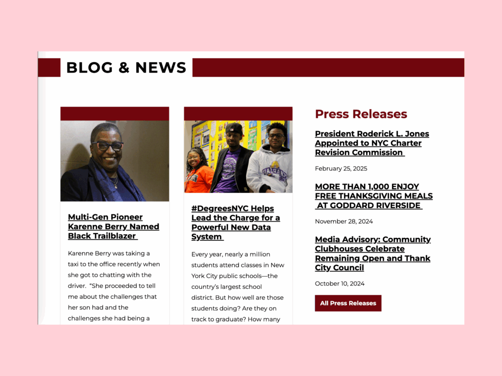 screenshot of the goddard riverside website media page, with a blog and press release list.