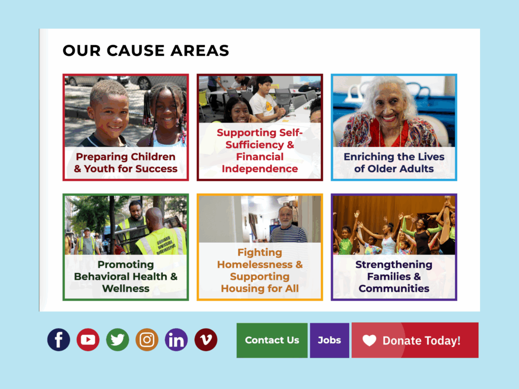 screenshot of the goddard riverside website section devoted to their cause areas. each is emphasized with a border in a different color of the rainbow.