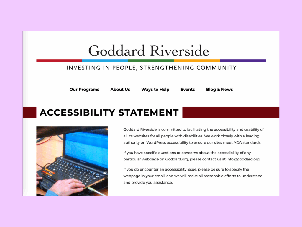 screenshot of the goddard riverside website accessibility statement.