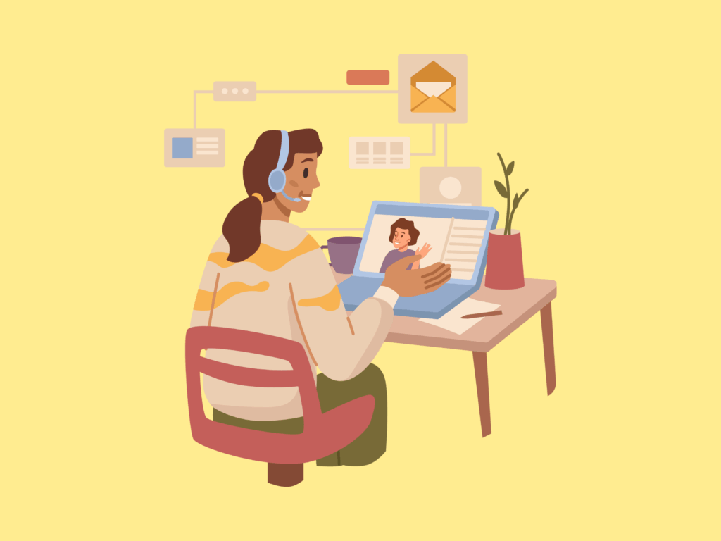 illustration of a woman using video chat to walk another woman through a process, with illustrations showing various steps.