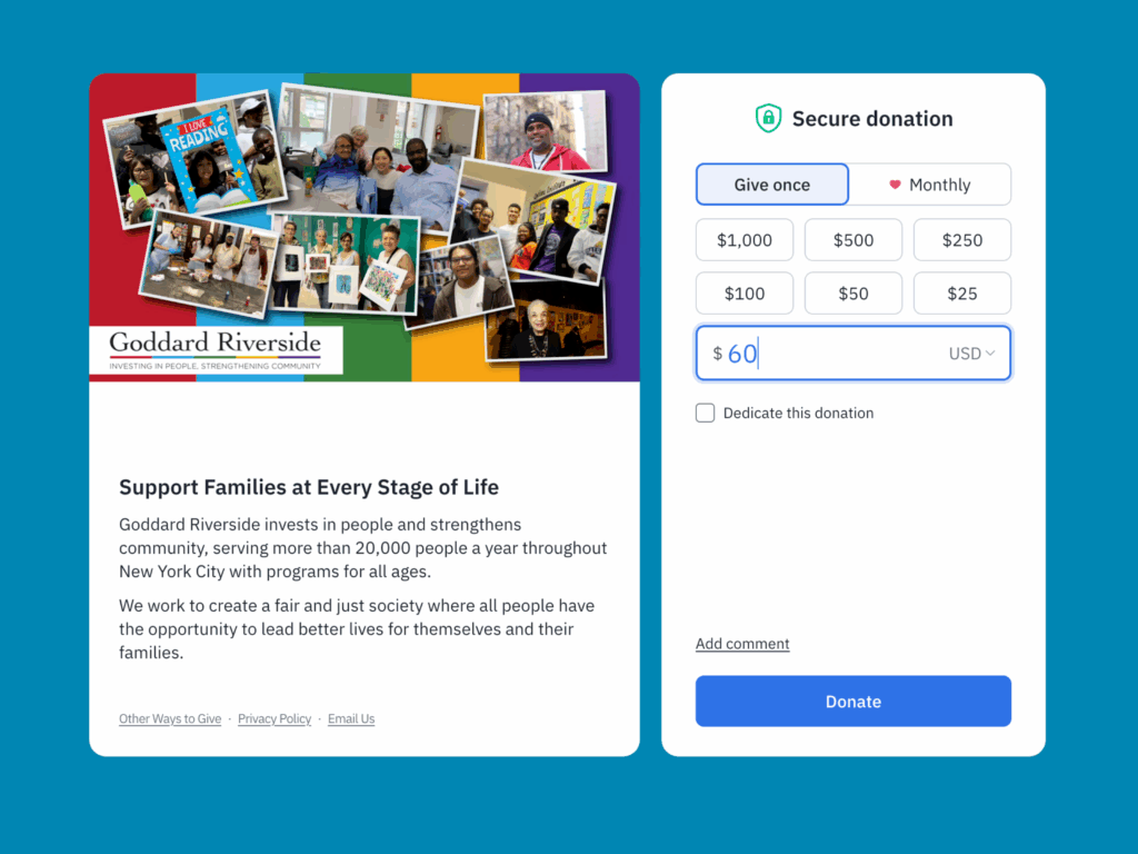 screenshot of the goddard riverside donation functionality.